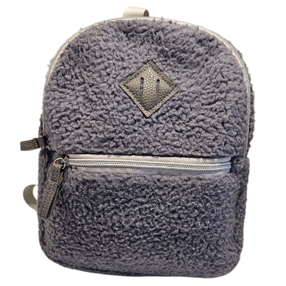 Gray Sherpa Fuzzy Mini Backpack with Pink Lining – Soft Plush Bag